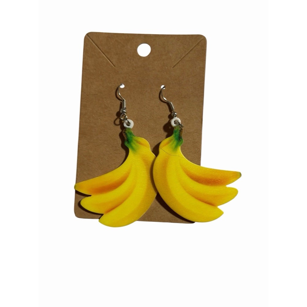 Yellow Banana Bunch Dangle‎ Earrings Tropical Fruit Kitsch Statement Jewelry